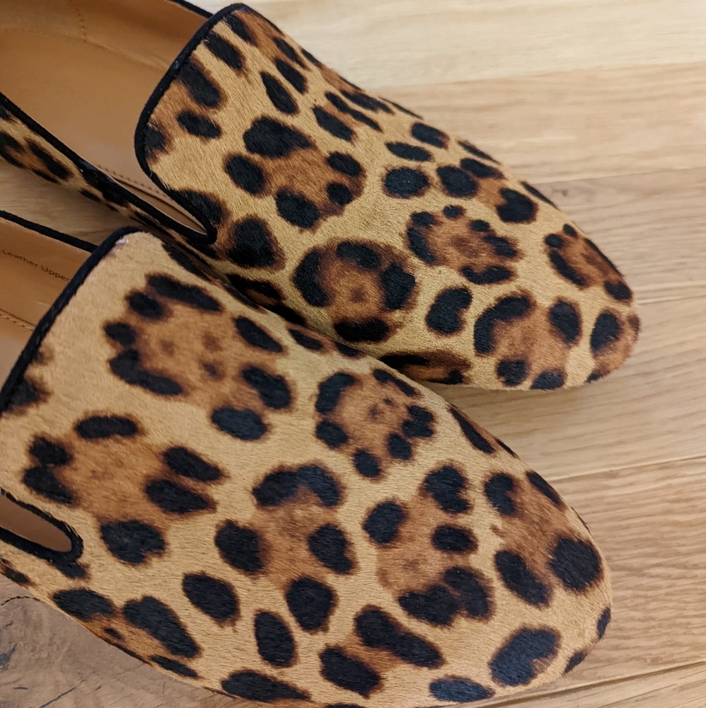 J Crew Leopard Calf Hair Smoking Loafers